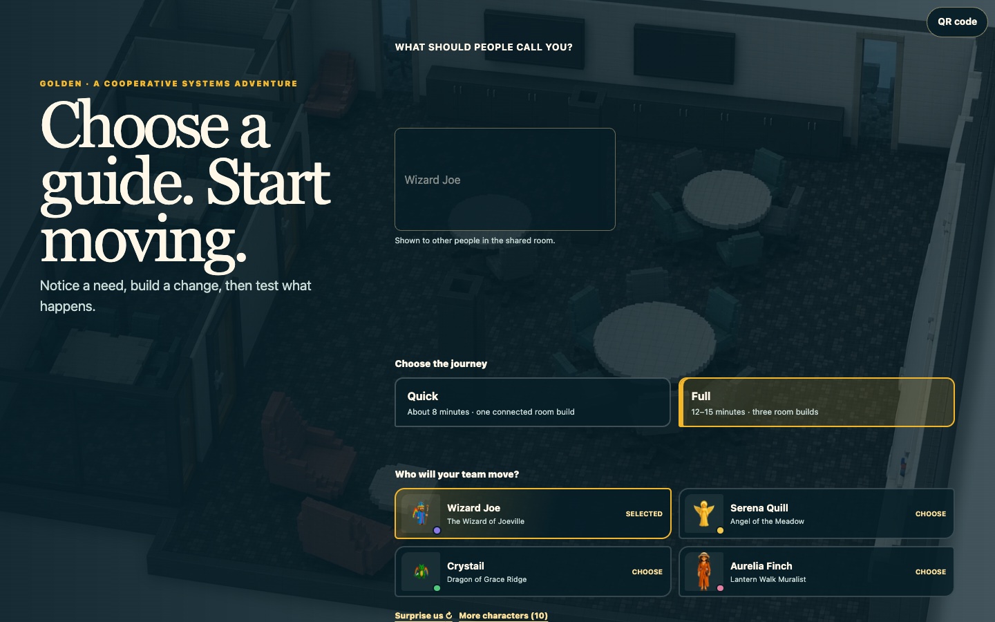 Choosing a guide, a journey length, and a name for the shared room