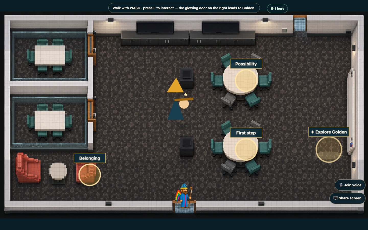 Top-down view of the Labriola Innovation Hub in the game, with Belonging, Possibility, and First step hotspots